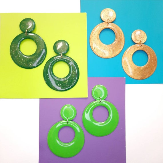 60s Retro Mod Hoop Earrings: Circular Stud Dangles in Glitter Gold, Glitter  Forest, and Bright Green Handmade Mid Century Jewelry - Etsy